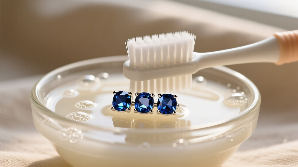 A soft-bristled baby toothbrush gently scrubbing a three-stone sapphire earring in a small glass bowl of warm, mild soapy water.