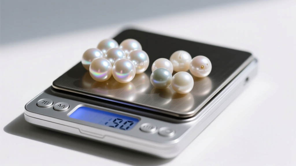 Macro shot of high-luster Akoya pearls next to dull freshwater pearls resting on a digital jewelry scale for value comparison.
