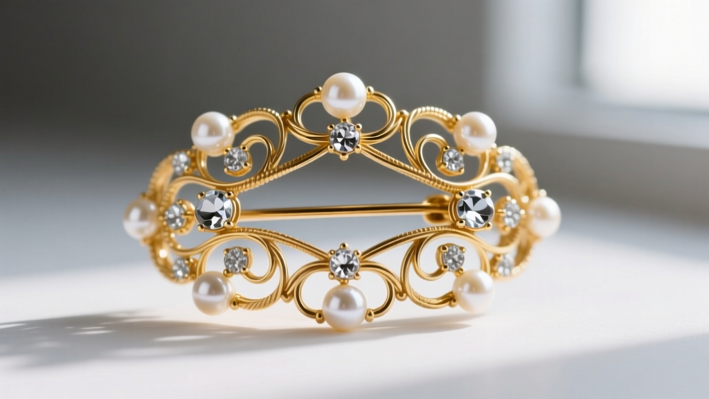 Macro shot of a Miriam Haskell Russian gold filigree clasp with hand-wired seed pearls and prong-set glass stones in natural light