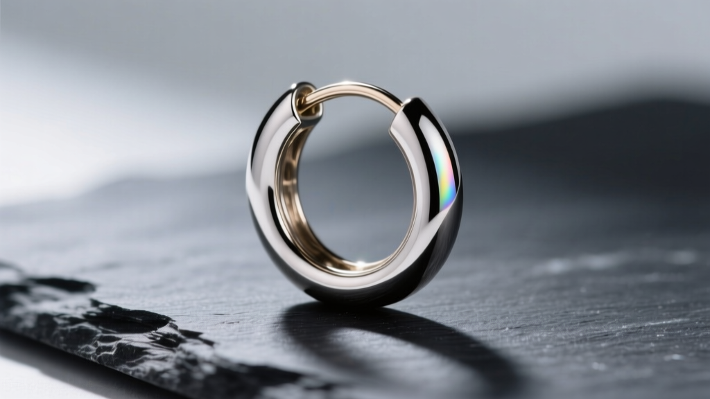 Close-up of an 18-gauge titanium hoop earring showing the seamless wire joint and polished mirror finish resting on dark slate.