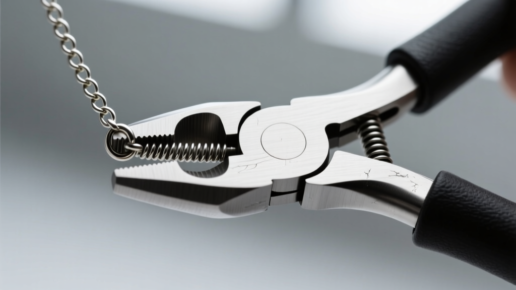 Close-up of flat-nose pliers bending the internal spring tongue of a silver fold-over necklace clasp to restore its friction grip