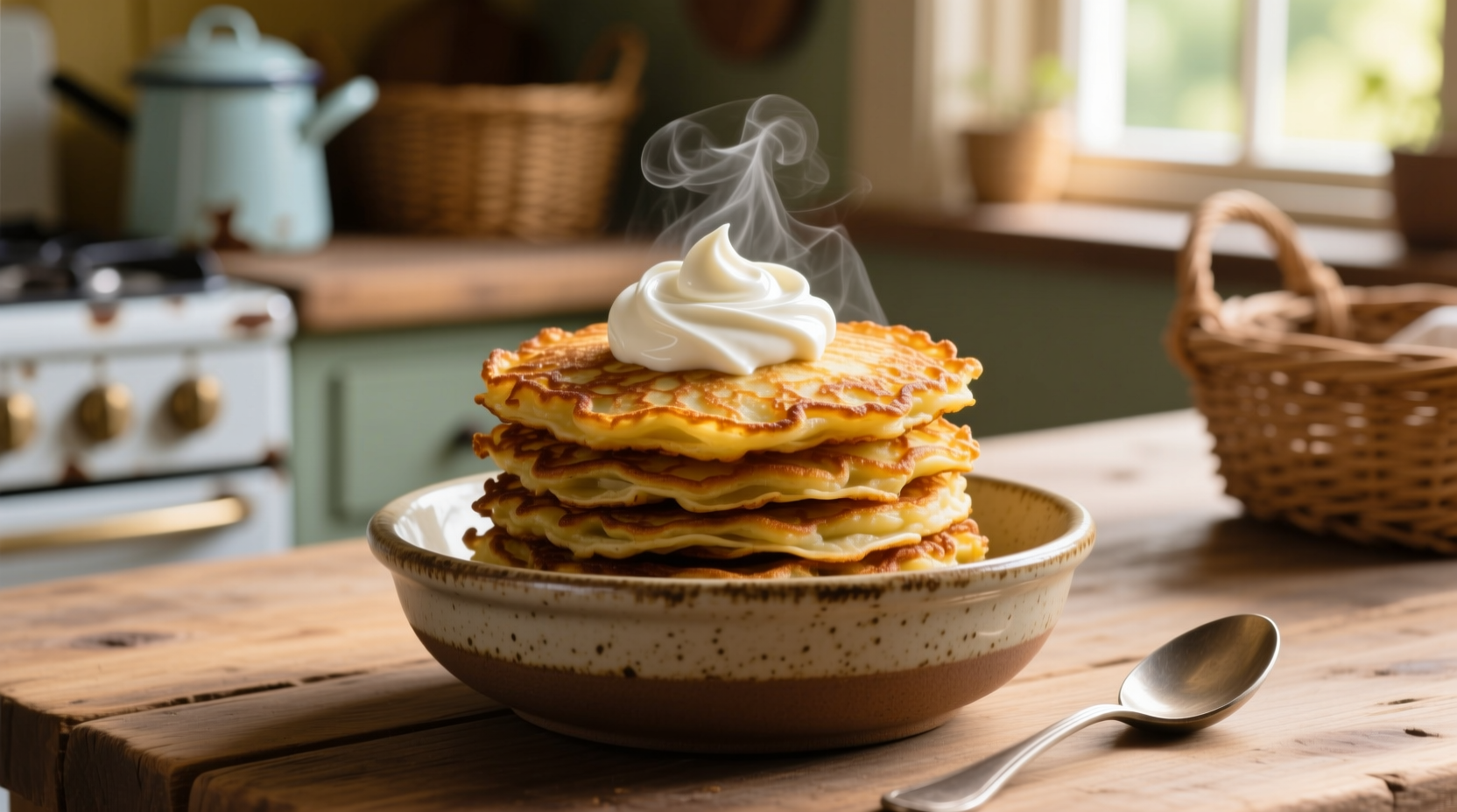 Golden potato pancakes with mashed potatoes served with sour cream