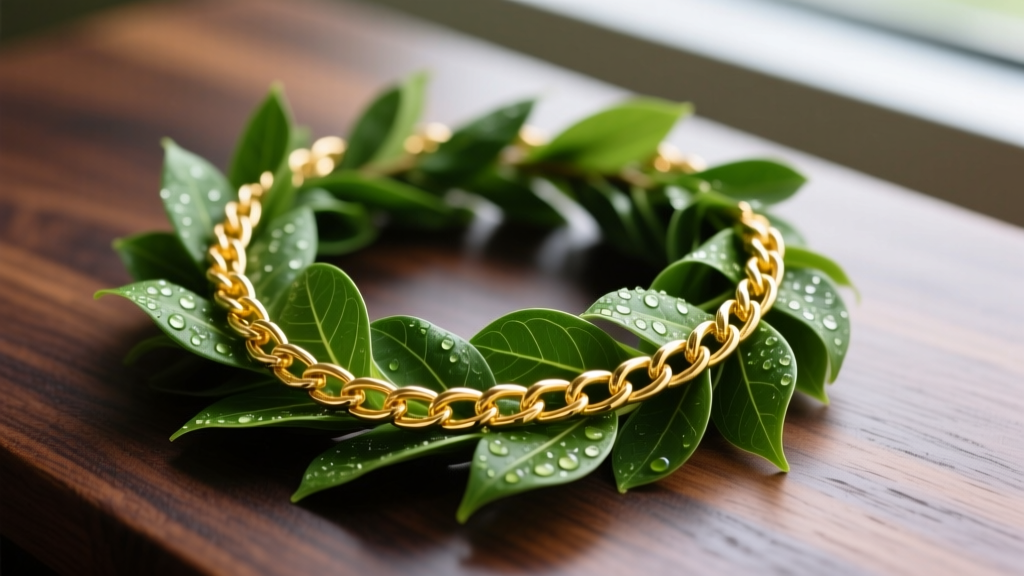 Macro shot of a green maile leaf lei intertwined with an 18-gauge solid yellow gold chain resting on a dark wooden surface.