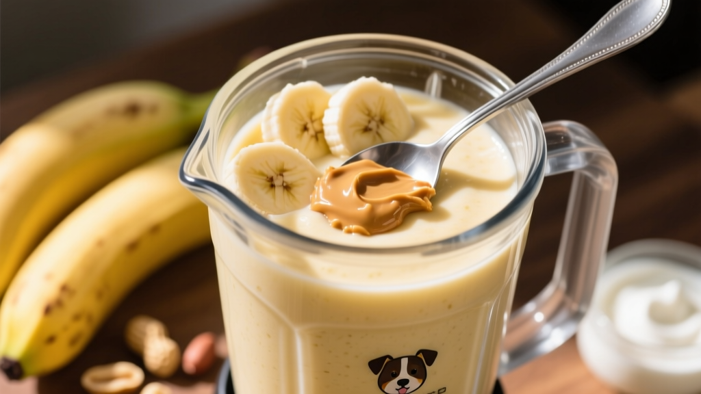 A creamy, pale-yellow smoothie in a blender jar, with banana slices and a spoonful of peanut butter visible on the rim
