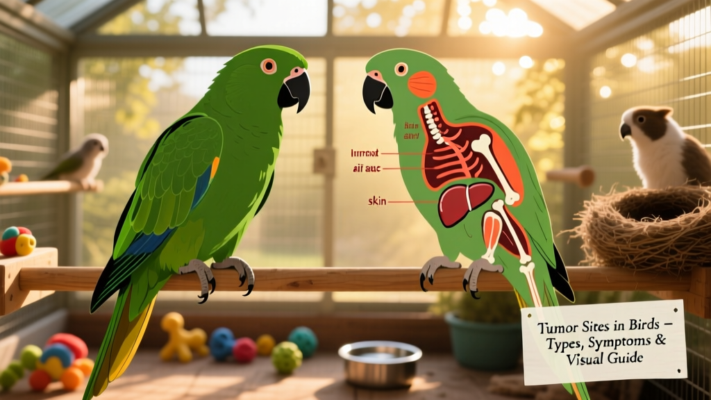 Side-by-side comparison showing normal avian anatomy versus common tumor locations on a parrot silhouette