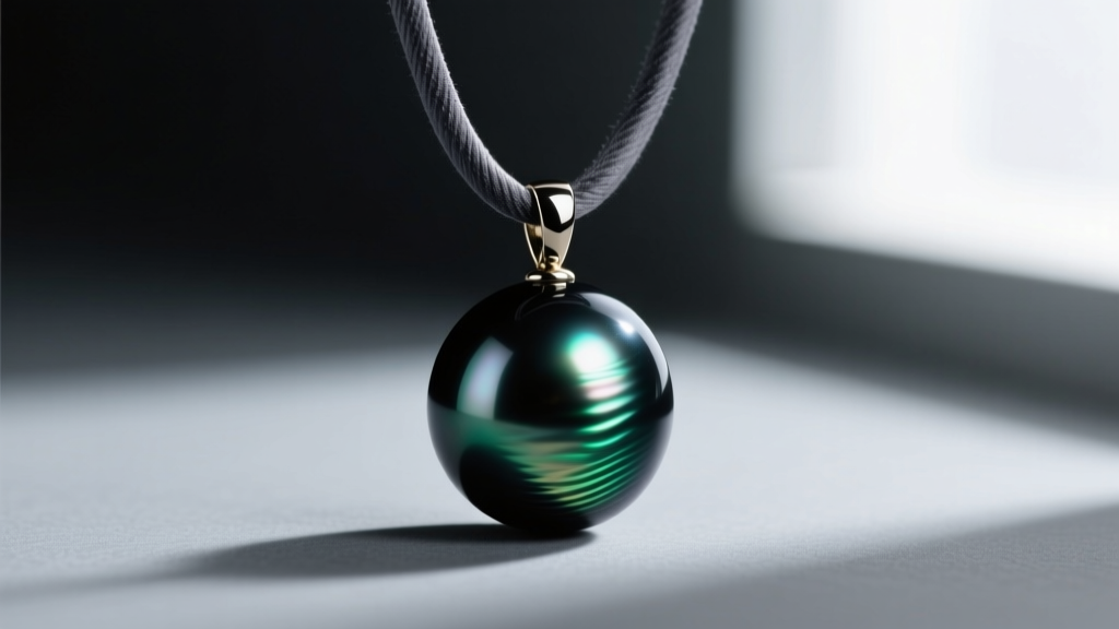 Close-up of a single black Tahitian pearl pendant on a dark grey silk cord, showing vibrant peacock green overtones.