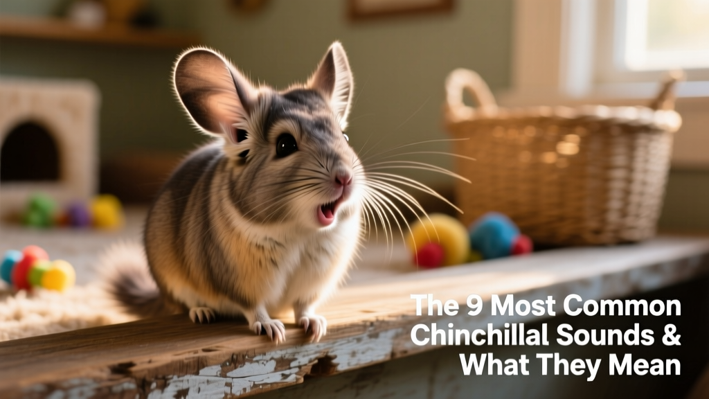 Close-up of a chinchilla perched on a wooden ledge, ears alert and mouth slightly open, as if vocalizing