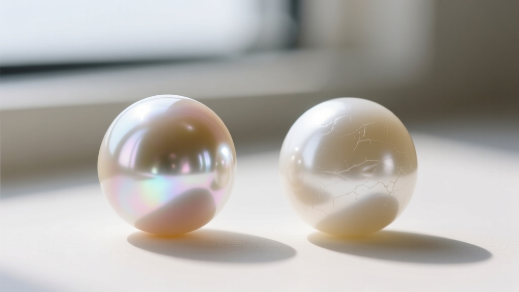 Macro photography comparing a high-luster akoya pearl with sharp reflections next to a dull, matte-finish imitation glass pearl