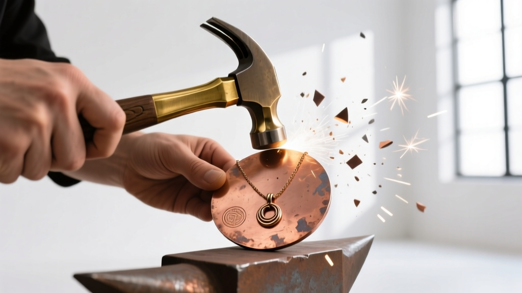 Hands using a brass hammer and steel block to strike a copper blank, crafting an initial necklace pendant in a bright studio.