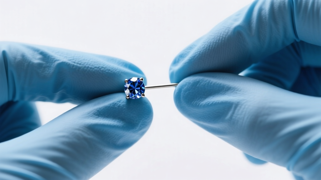 Close-up of fingers in blue nitrile gloves securely gripping a 14-gauge flat back earring post and gemstone for safe removal.