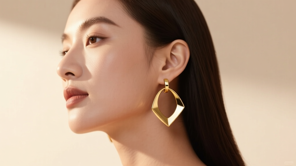 Woman wearing lightweight gold circle dangle earrings, soft studio lighting highlighting the geometric metal shapes on her jawline