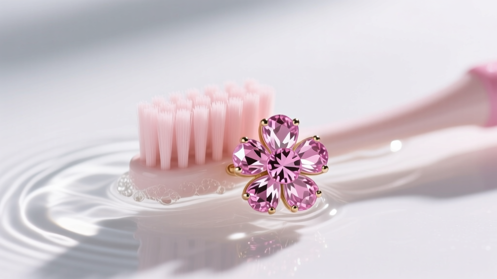 Close-up of a soft toothbrush gently scrubbing petal crevices of a pink sapphire floral earring submerged in mild soapy water.