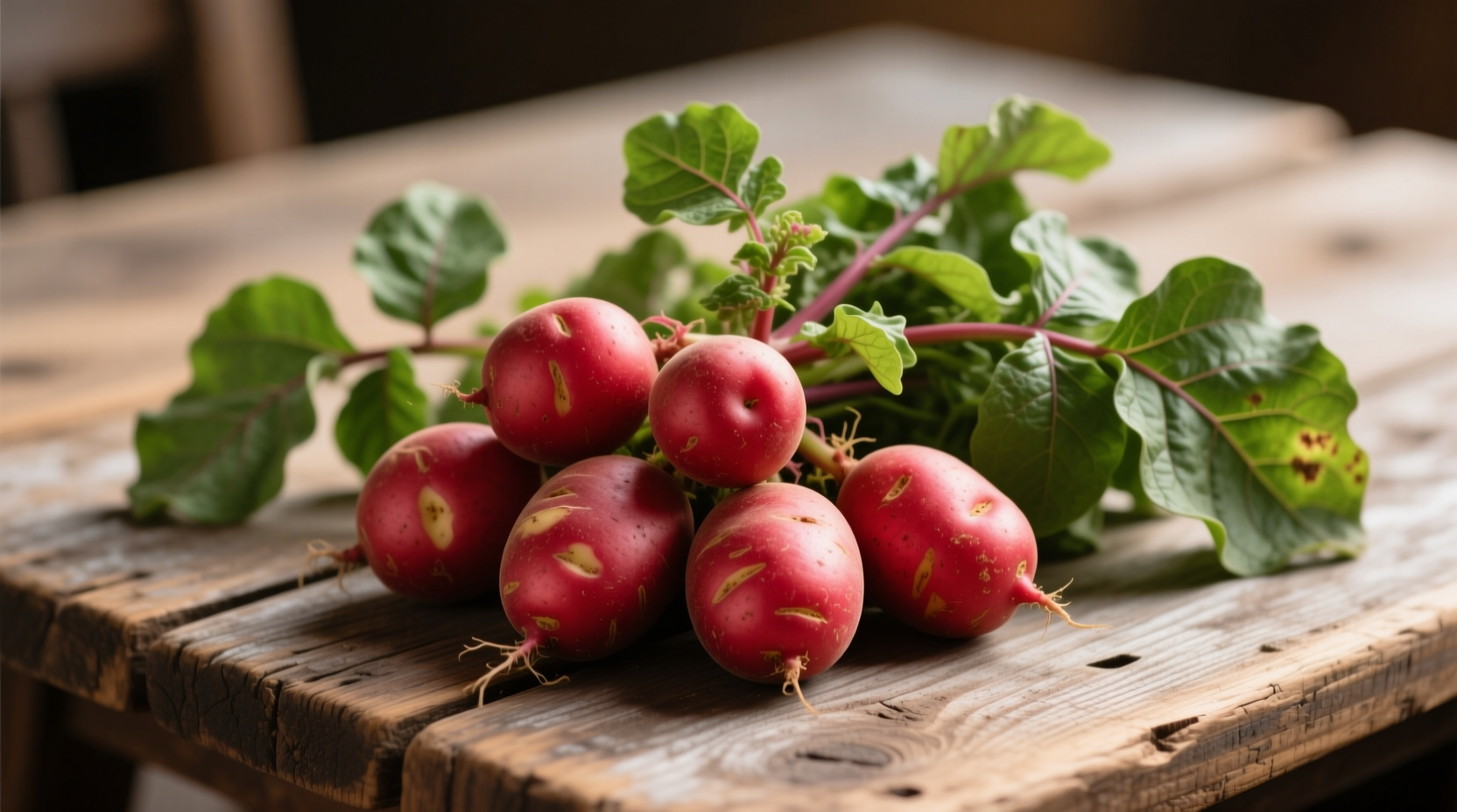 Red Pontiac potatoes with leaves on wooden table