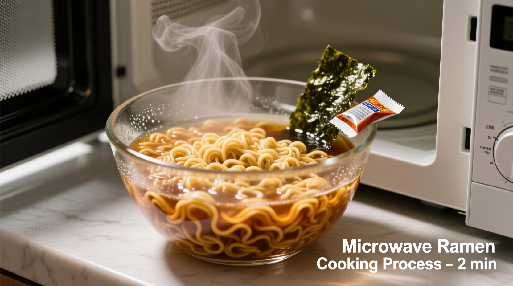 Microwave ramen cooking process in glass bowl