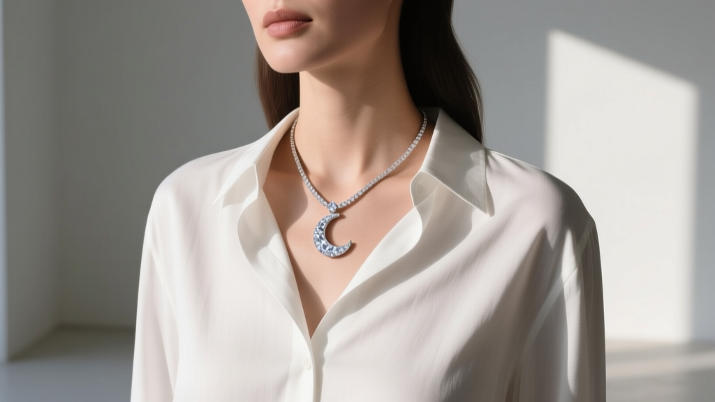 Woman wearing a Marie Lichtenberg silk cord necklace with diamond crescent pendant over a crisp white linen button-down shirt