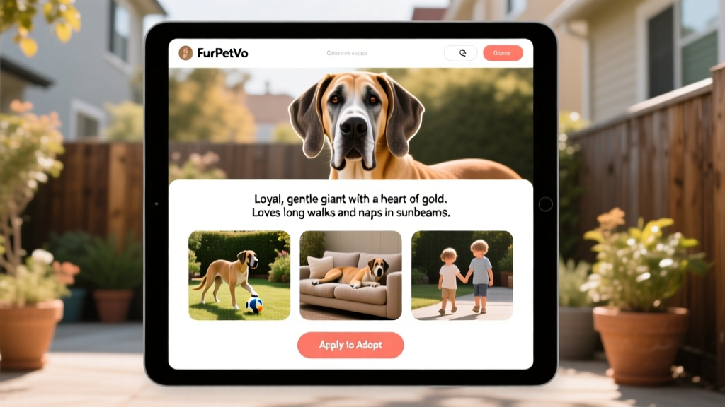 Screenshot-style image showing a FurPetVo profile page for a Great Dane, highlighting bio, photos, and 'Apply to Adopt' button