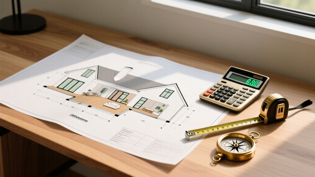 Blueprints for a 1200 square foot modern farmhouse on a wooden desk next to a financial calculator, tape measure, and brass compass