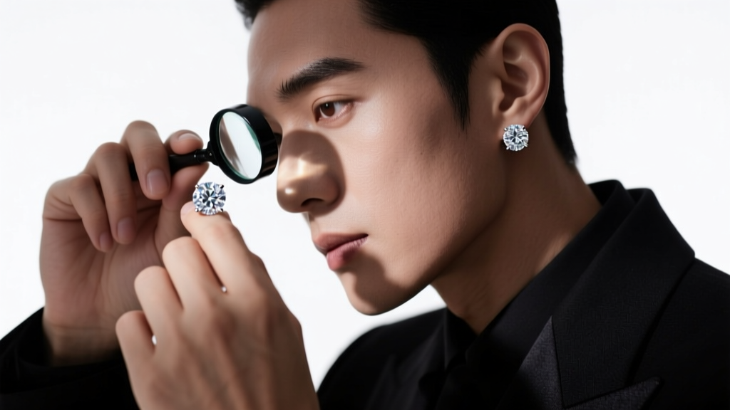 Jeweler holding a 10x loupe to inspect a diamond stud earring, revealing natural inclusions under bright, focused studio lighting.