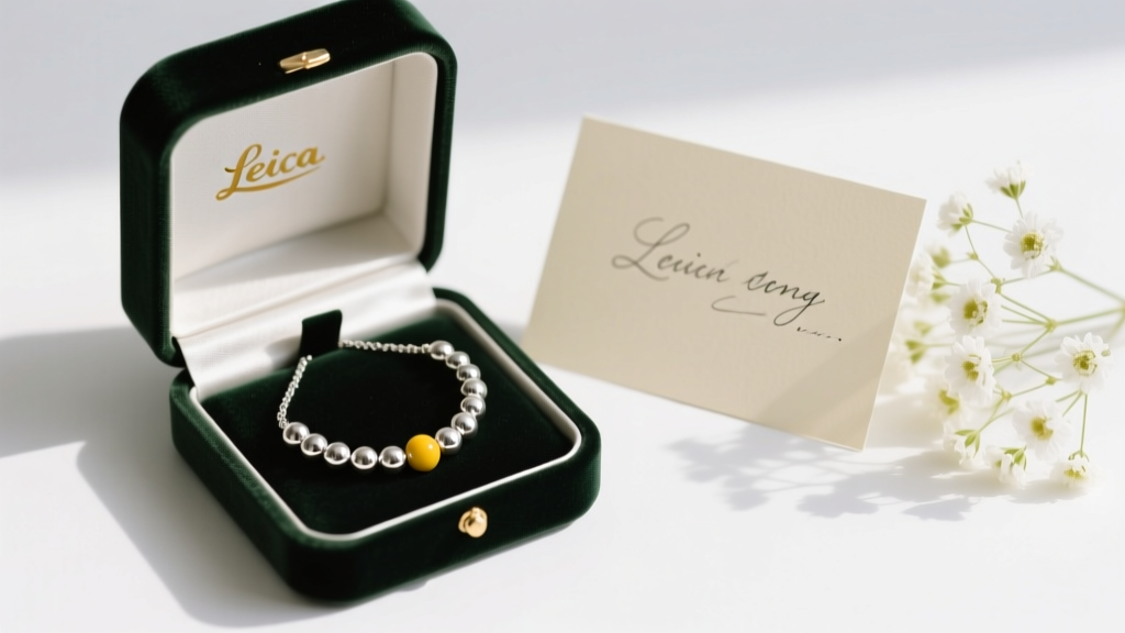 Open velvet box showing a silver mustard seed necklace beside a handwritten card and a small white floral babys breath bouquet.