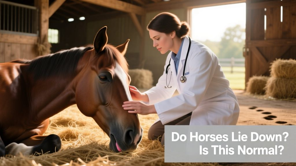 Close-up of a veterinarian gently checking a horse's gum color and pulse while the horse lies calmly on soft bedding