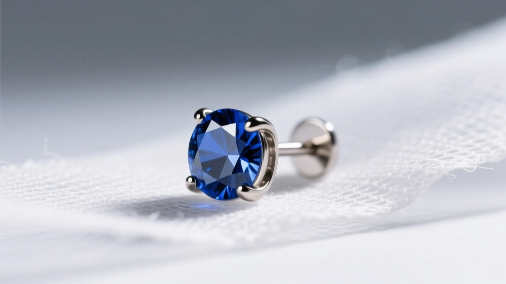 Macro shot of a 20-gauge titanium nose earring with a bezel-set sapphire resting on sterile gauze under bright clinical lighting.