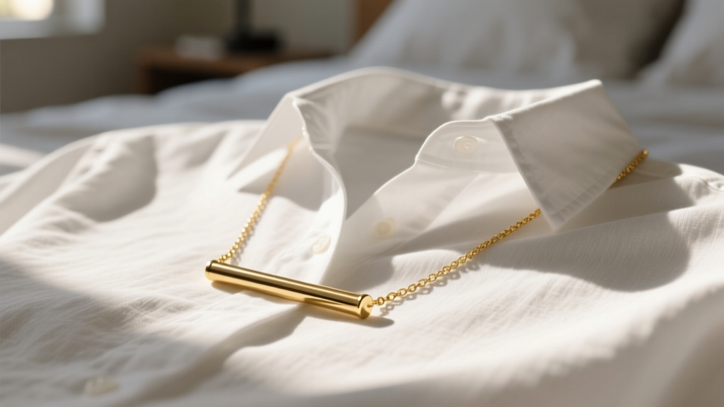 Close-up of a minimalist gold brass bar necklace resting on a crisp white linen button-down shirt, soft natural morning sunlight