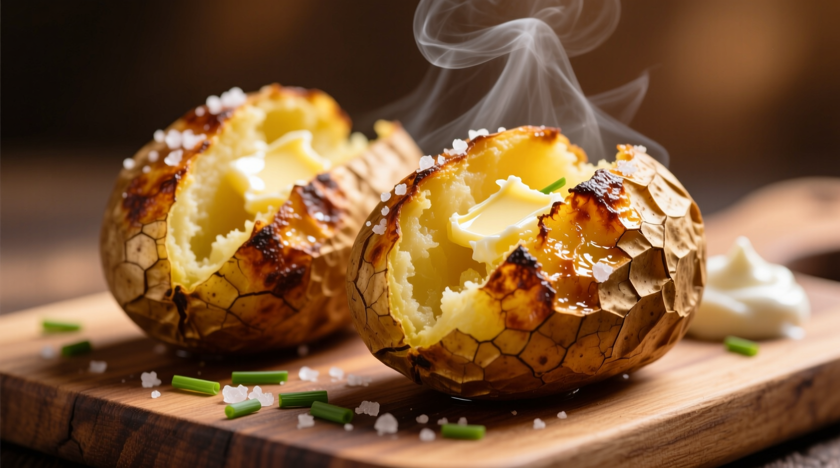 Golden baked potato halves with crispy skin
