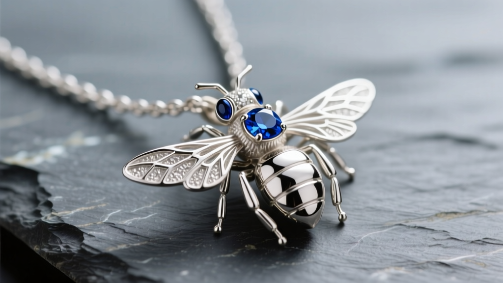 Macro shot of a sterling silver bee necklace on slate, showing detailed wings, gemstone eyes, and a brilliant tarnish-free shine.