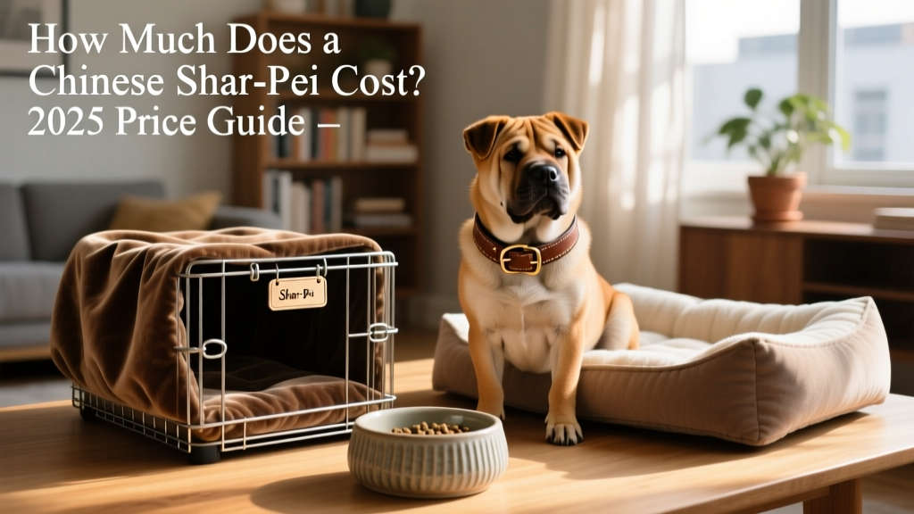 A neatly arranged set of new Shar-Pei essentials: crate, collar, bowl, and soft bed