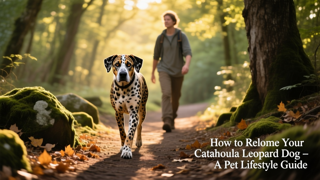 Catahoula Leopard Dog walking confidently on a forest trail with a person