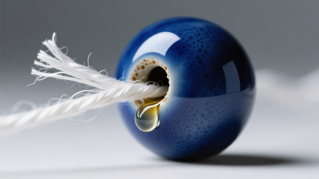Extreme close-up of frayed white silk thread emerging from a blue ceramic bead drill hole, showing signs of wear and oil buildup