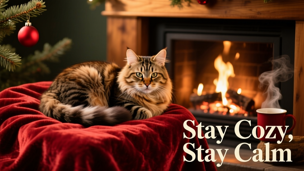 A long-haired tabby curled up on a red velvet blanket near a softly lit fireplace