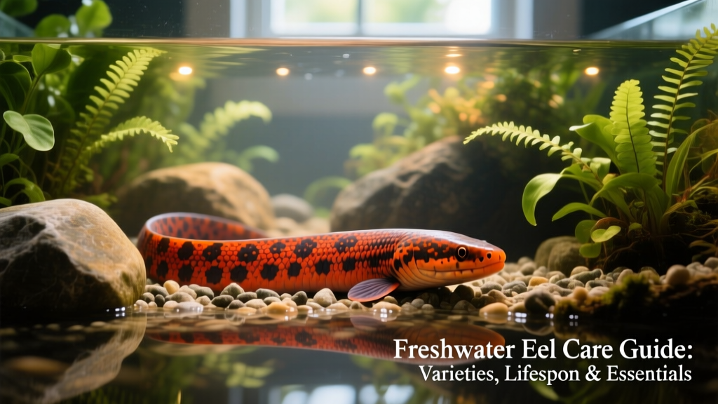 Aquarium setup showing a well-hidden fire eel nestled among smooth river rocks and lush aquatic plants, with gentle LED lighting
