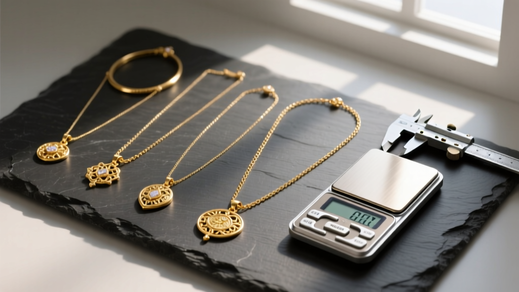 Flat lay of five gold necklaces ranging from choker to opera length on dark slate, next to a digital jewelry scale and calipers