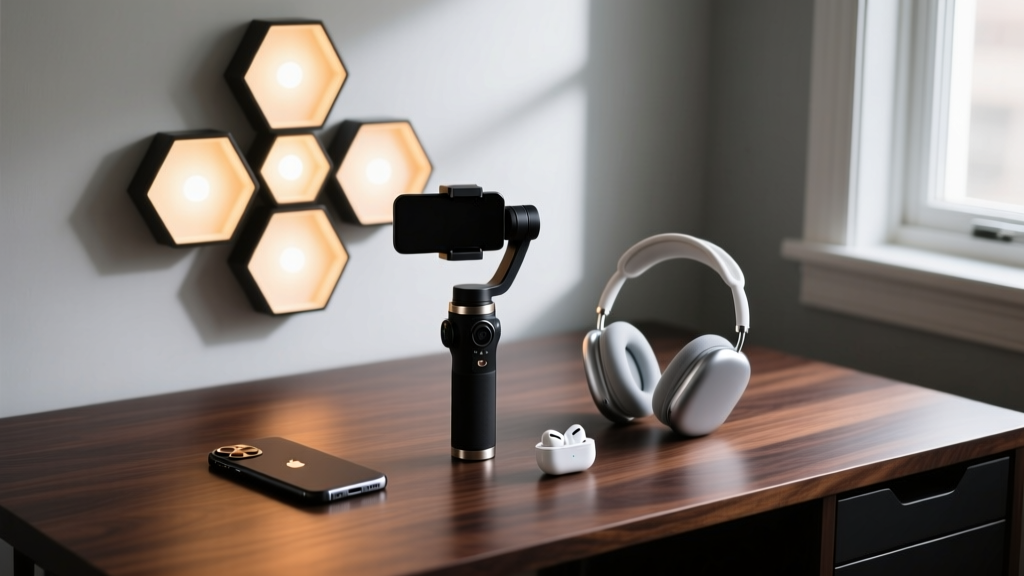 Flat lay of teen tech gadgets including a smartphone gimbal, wireless headphones, and hexagonal LED wall lights on a dark wooden desk