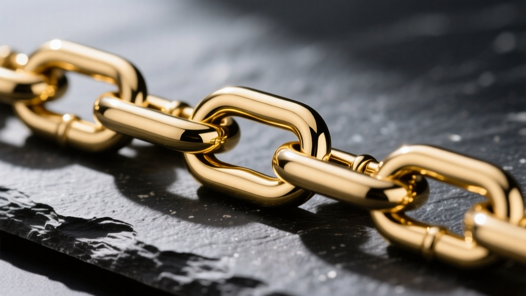 Close-up of a gold PVD coated stainless steel curb chain on dark slate, highlighting the mirror finish and rich metallic luster.