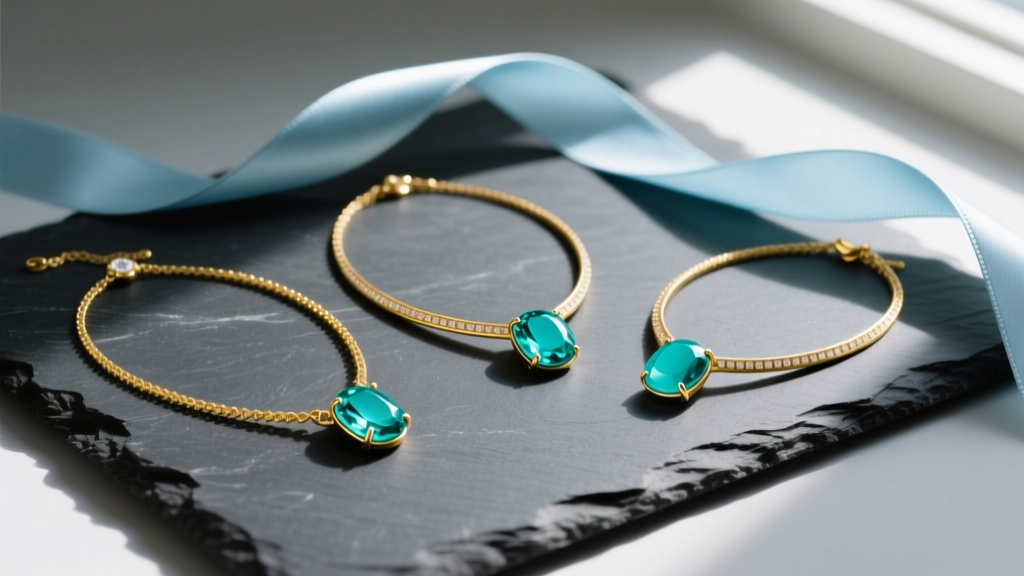 Flat lay of three aquamarine tennis necklaces in yellow gold arranged on dark slate with a light blue silk ribbon and soft shadows