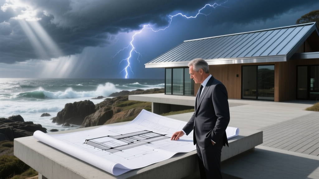 Architect reviewing blueprints for a coastal home with a standing seam metal roof and sealed concrete deck against a stormy backdrop