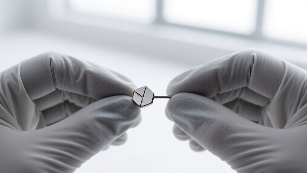 Gloved hands holding a 16-gauge threadless titanium flat back stud against a clean, bright professional piercing studio background