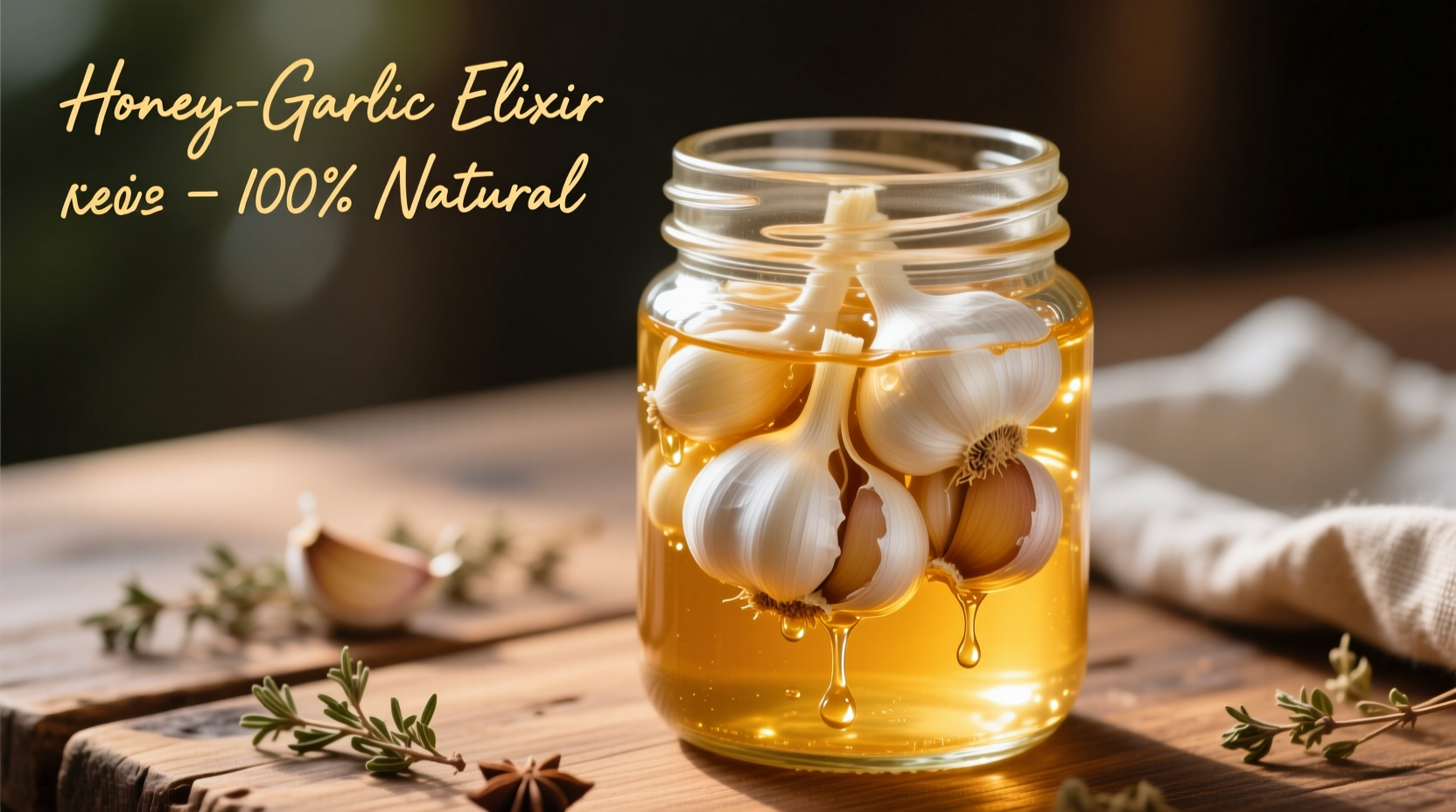 Glass jar with garlic cloves steeping in raw honey