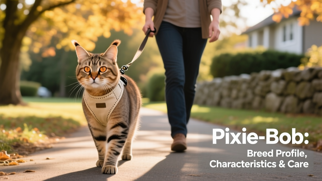 An adult Pixie-Bob wearing a comfortable harness and walking calmly beside its owner on a paved path