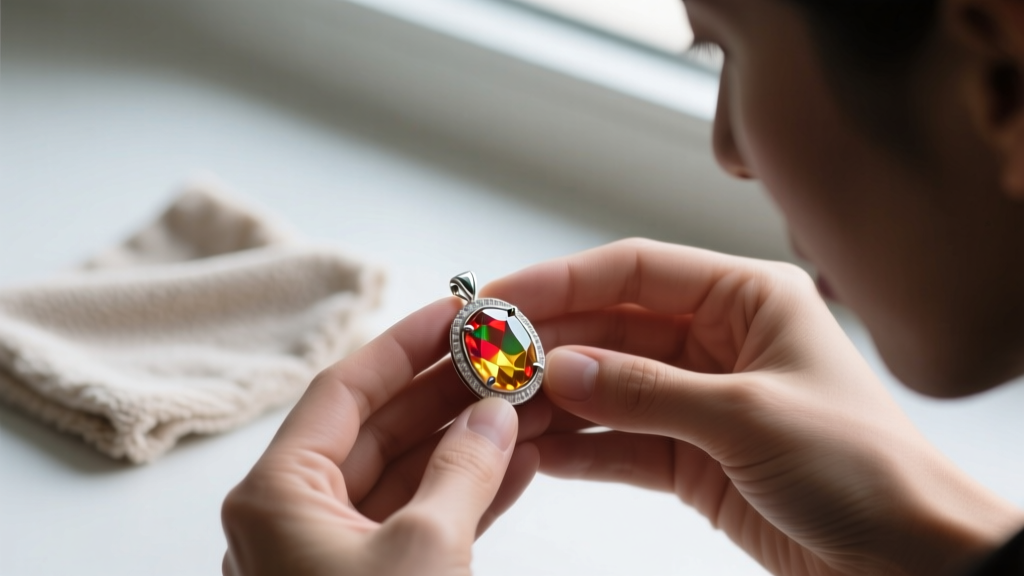 Jeweler examining a faceted Mexican fire opal pendant in a bezel setting, with a microfiber cloth in the blurred background.