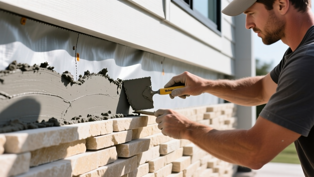 Mason troweling gray Spec Mix stone veneer mortar onto a weather barrier before installing stacked limestone panels on an exterior wall