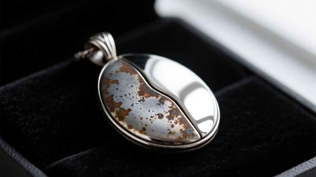 Macro shot of a vintage pewter pendant on dark velvet, showing half tarnished oxidation and half bright polished tin surface.