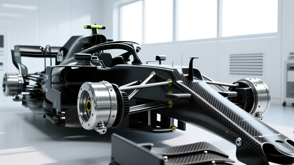 Exposed carbon fiber monocoque chassis and titanium suspension components assembled in a brightly lit Formula 1 cleanroom facility