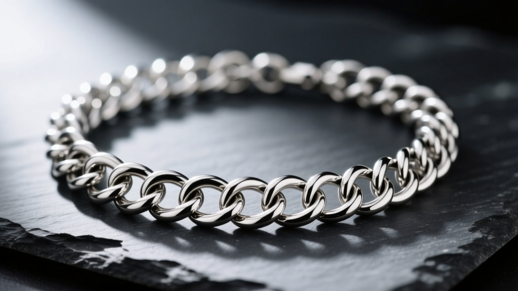Macro shot of a sterling silver dragonbone chainmaille necklace on dark slate, highlighting intricate interlocking jump rings.