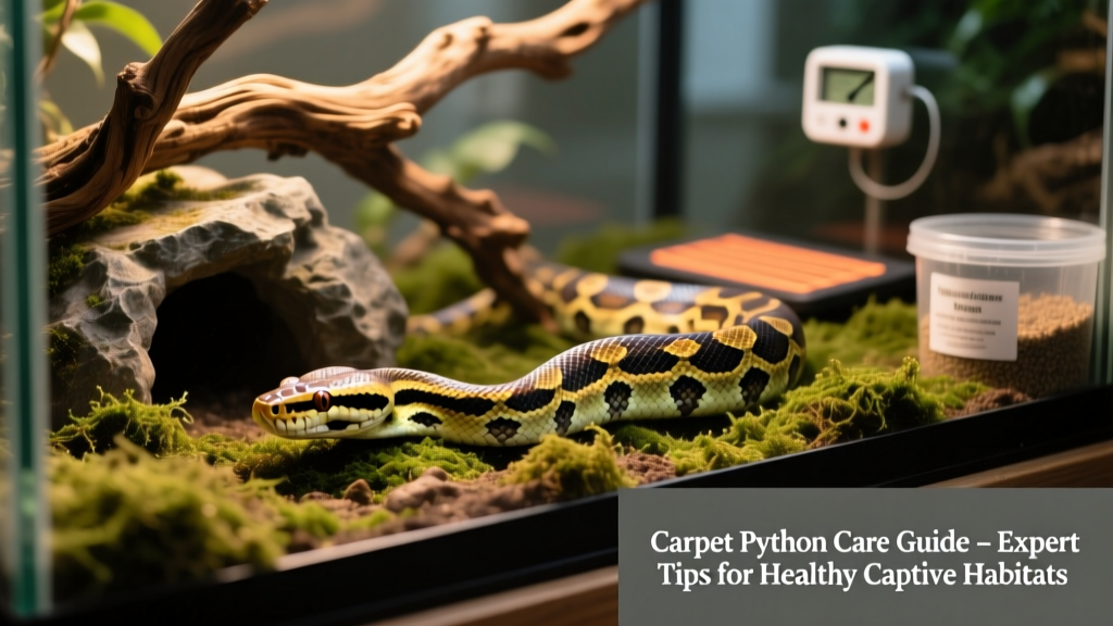 Close-up of a carpet python exploring a naturalistic setup with branches, hides, and moist sphagnum moss