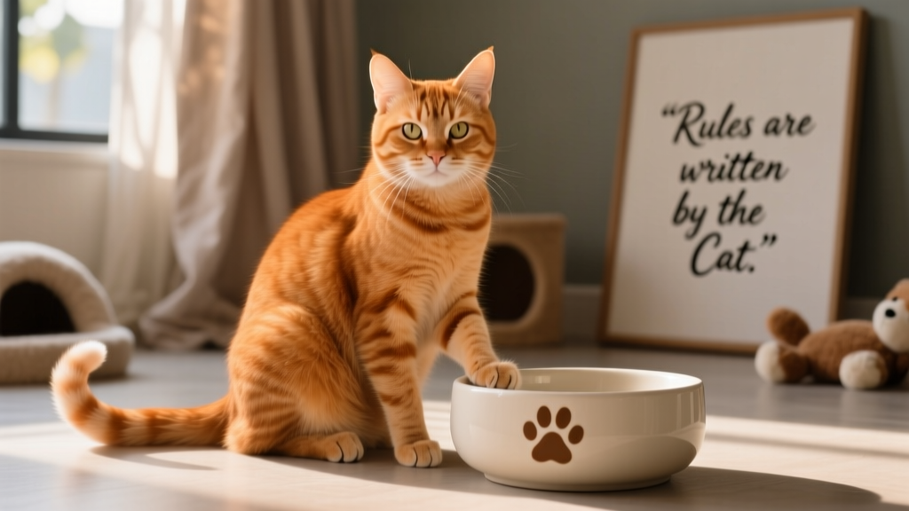 Caramel seated elegantly beside a sleek, shallow ceramic cat bowl with paw-print design, looking directly at the camera with calm confidence