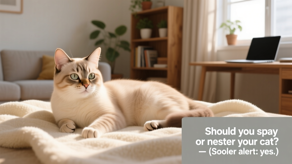 A calm, healthy indoor cat resting peacefully on a soft blanket