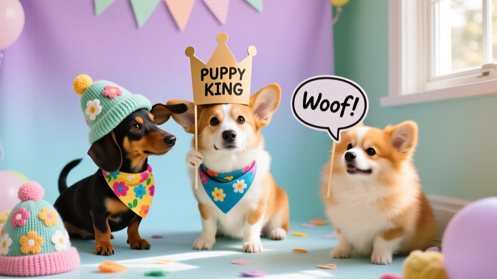 A DIY puppy photo booth with a pastel backdrop, assorted dog-safe hats, bandanas, and handheld props like a cardboard crown and speech bubble